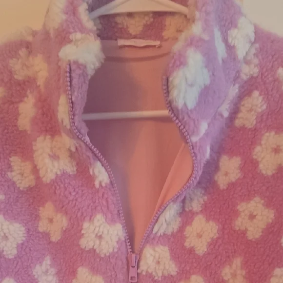 Pink Lily Purple and White Floral Sherpa Half-Zip Sweater - Picture 3 of 6